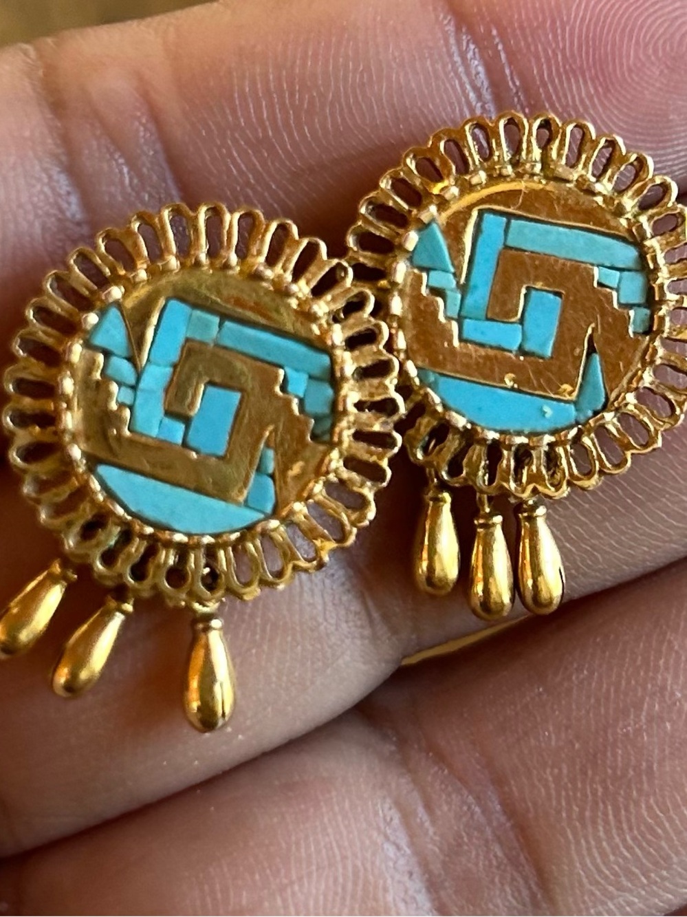 Gold and Turquoise Filigree Round Drop Earrings